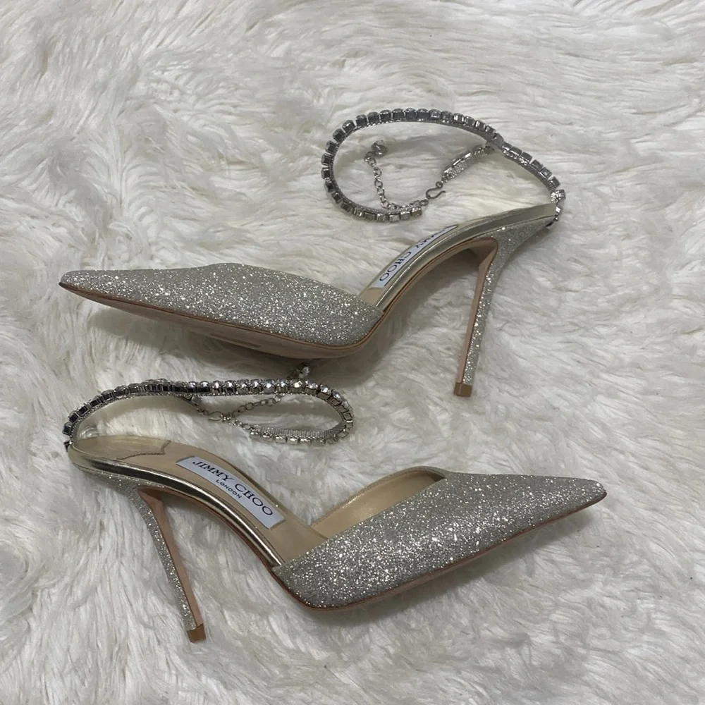 New Jimmy Choo Saeda 100 Platinum Ice‎ dusty glitter pumps size 38EU